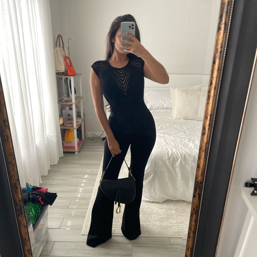 Herve Leger Black Marian Bandage Wide-Leg Flare Jumpsuit